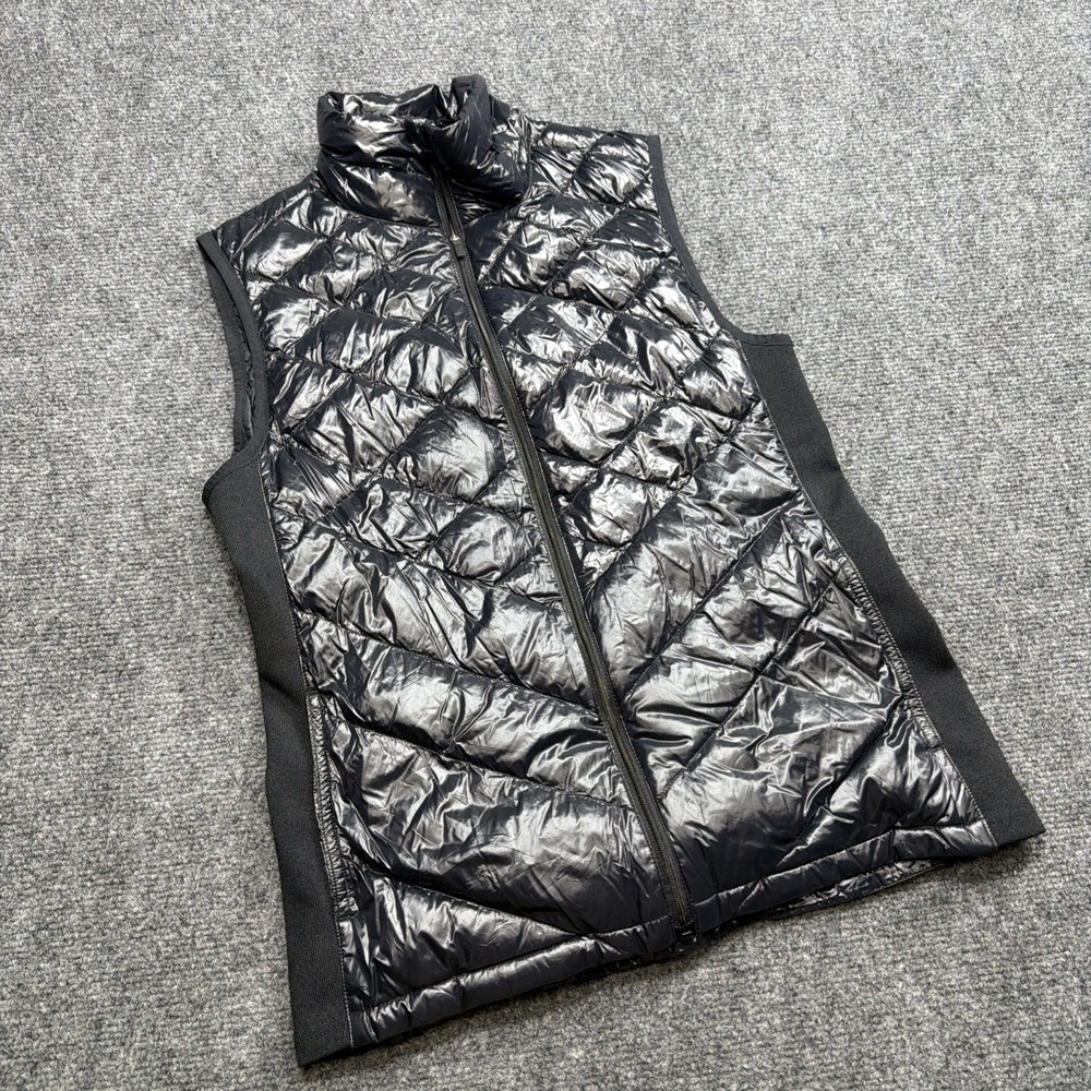 Women's Goose Down Hybrid Puffer Vest Black Full Zip Size XS Stretch Active LUCY